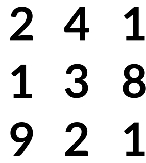 3x3 Grid: 2 4 1 1 3 8 9 2 1